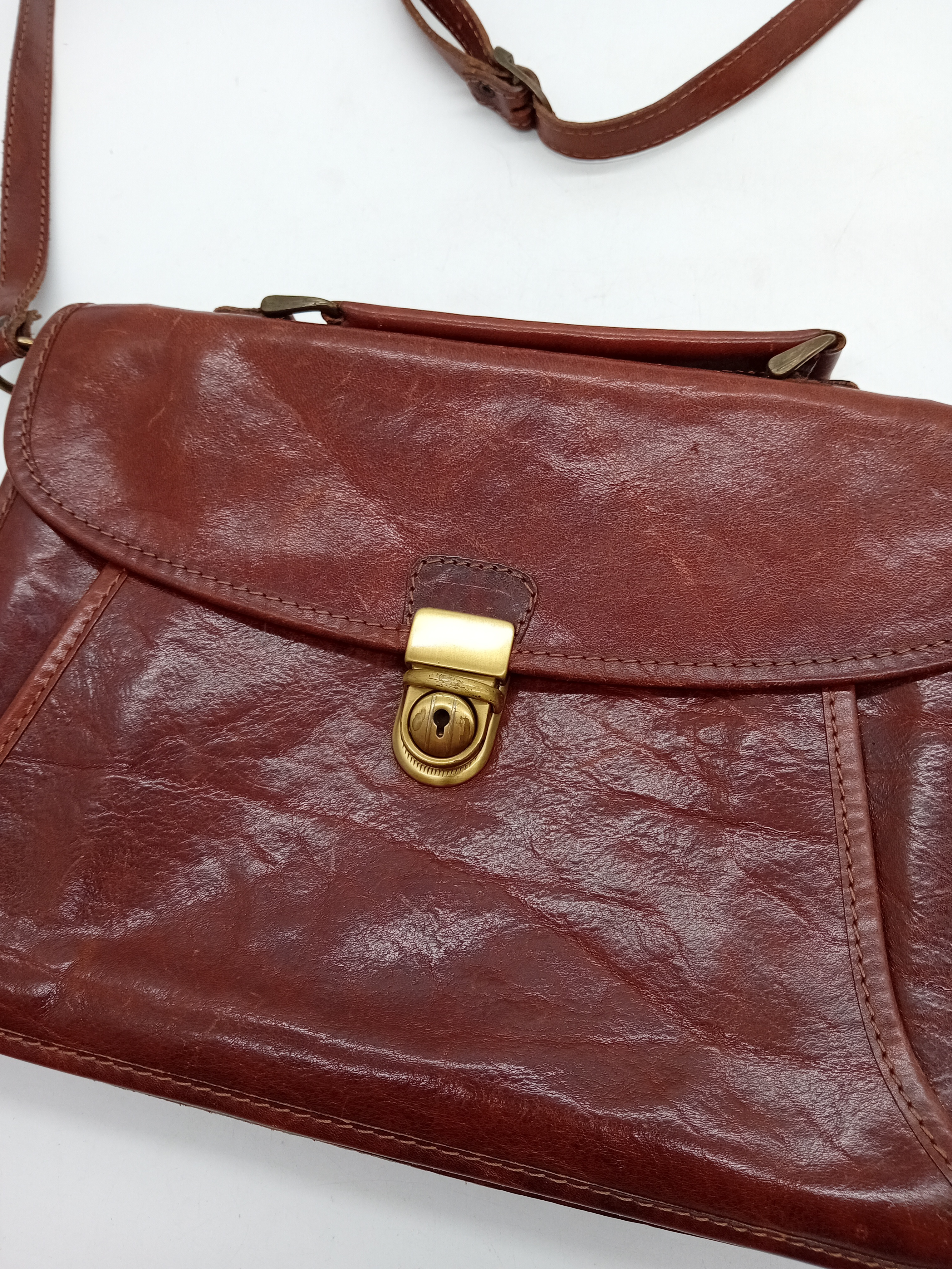 Sac Bandoulière Cartable Vintage En Cuir Marron