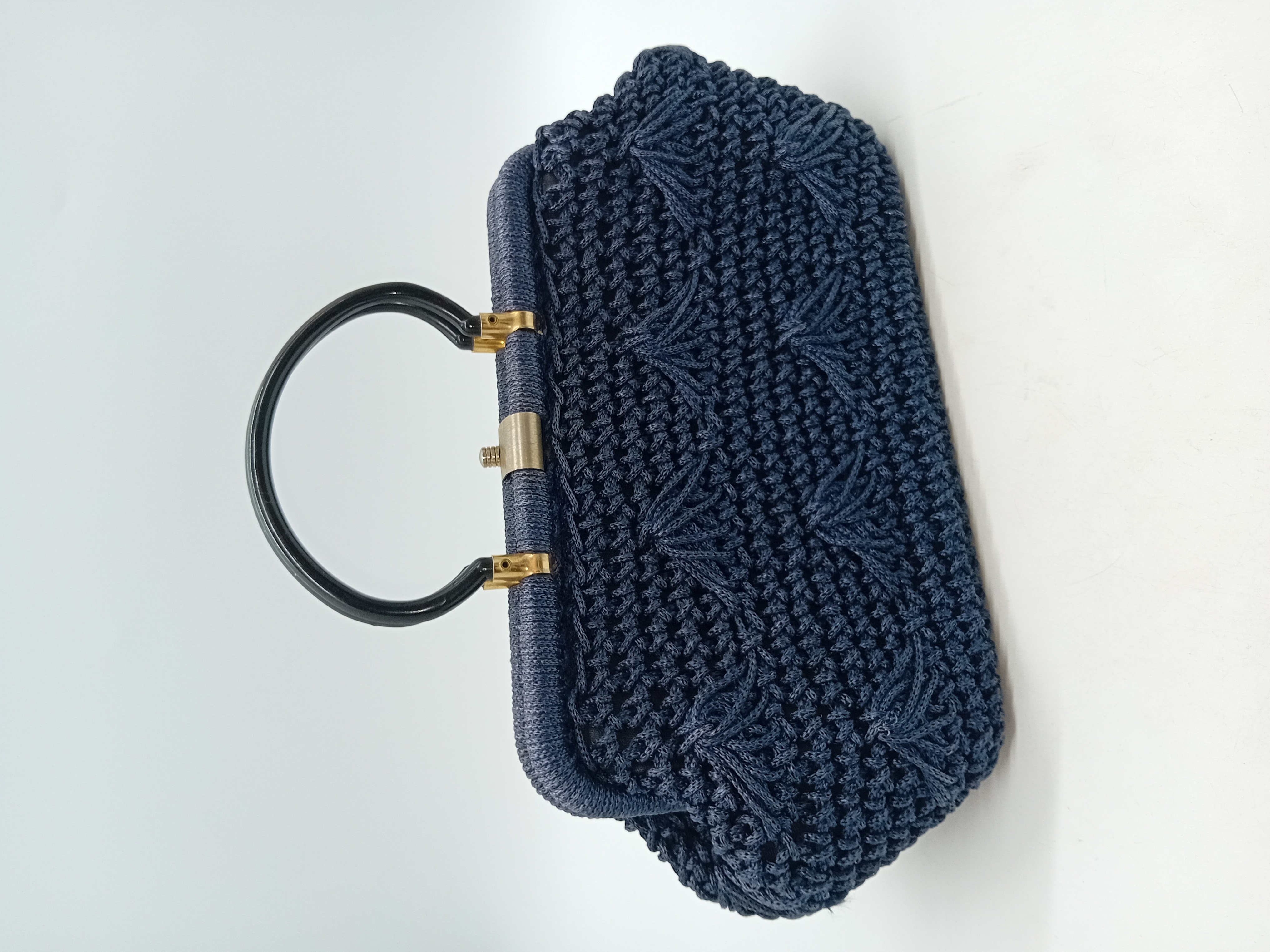 Sac A Main Vintage En Maille Tressee Bleue Marine