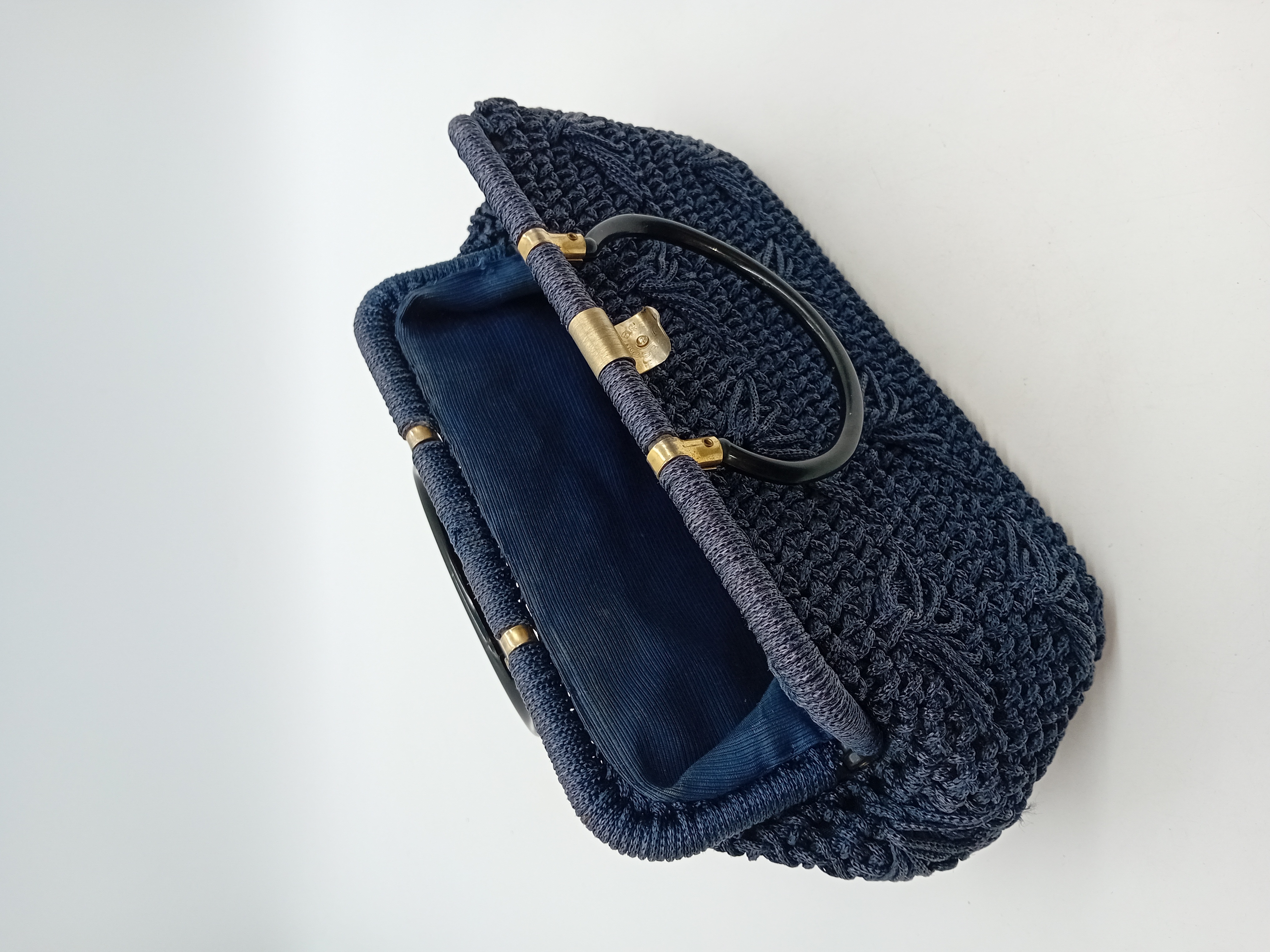 Sac A Main Vintage En Maille Tressee Bleue Marine