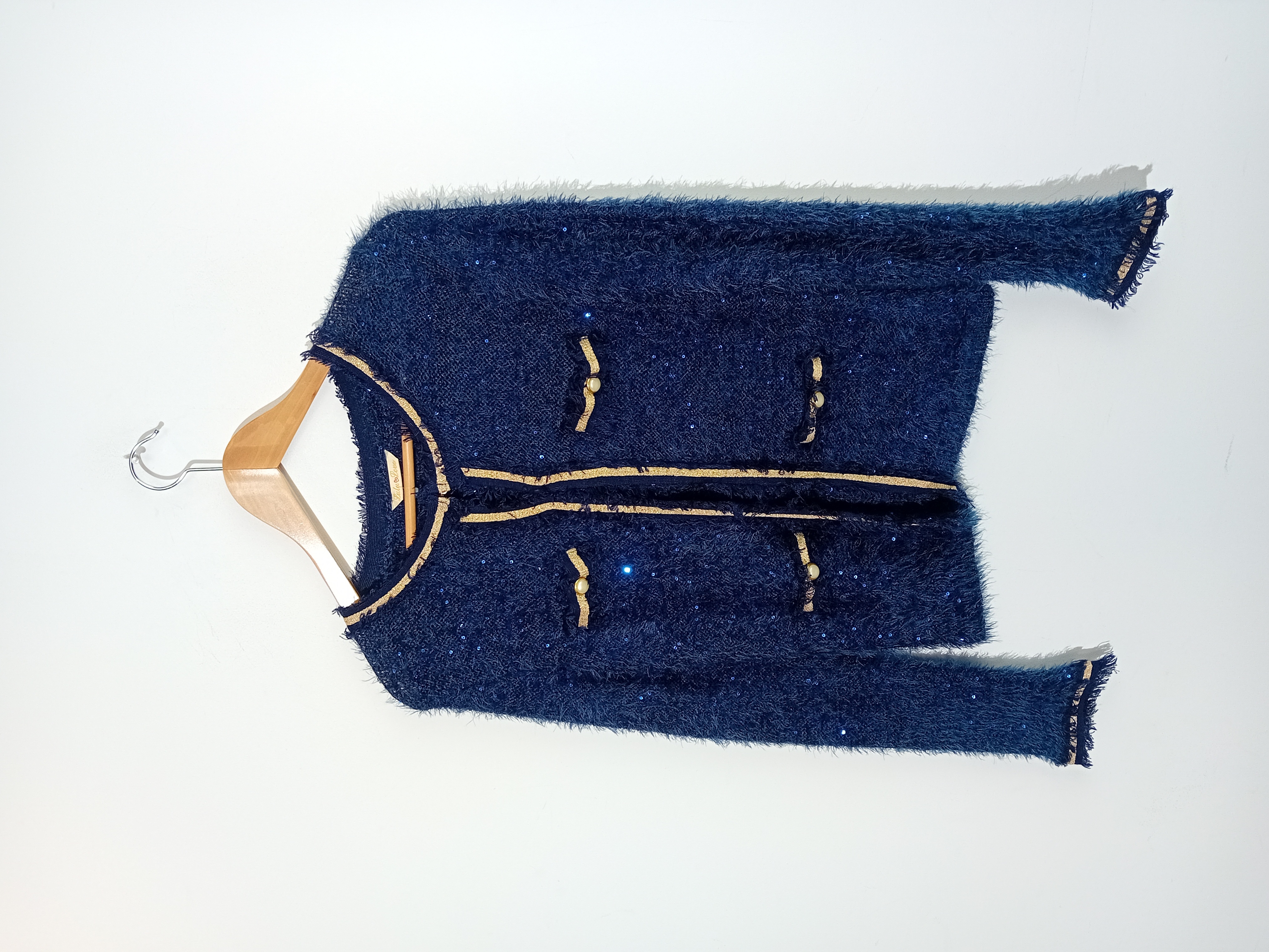 Gilet En Maille Duveteuse Sequins Bleu Marine