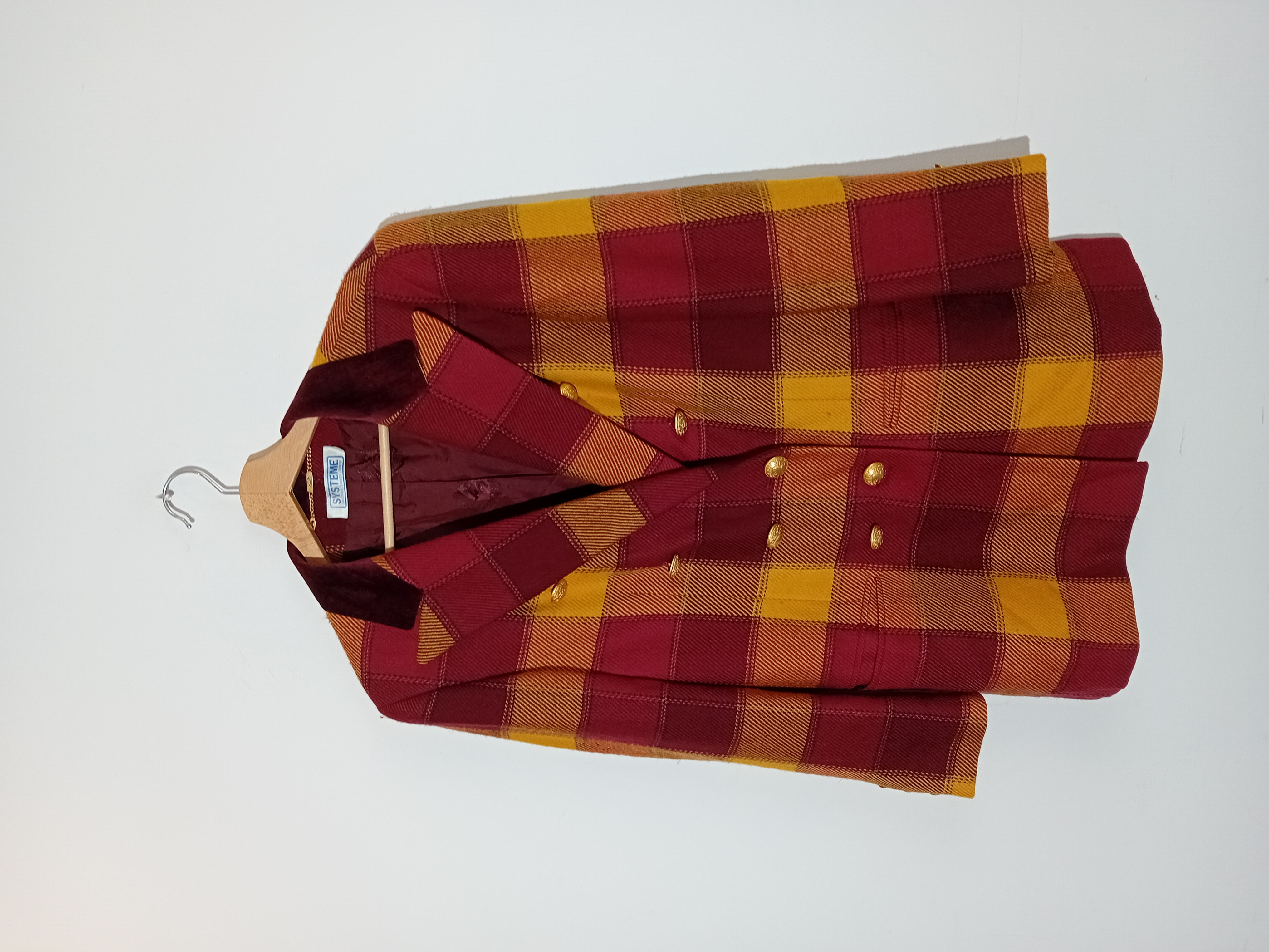 Veste vintage en laine à carreaux bordeaux et jaune