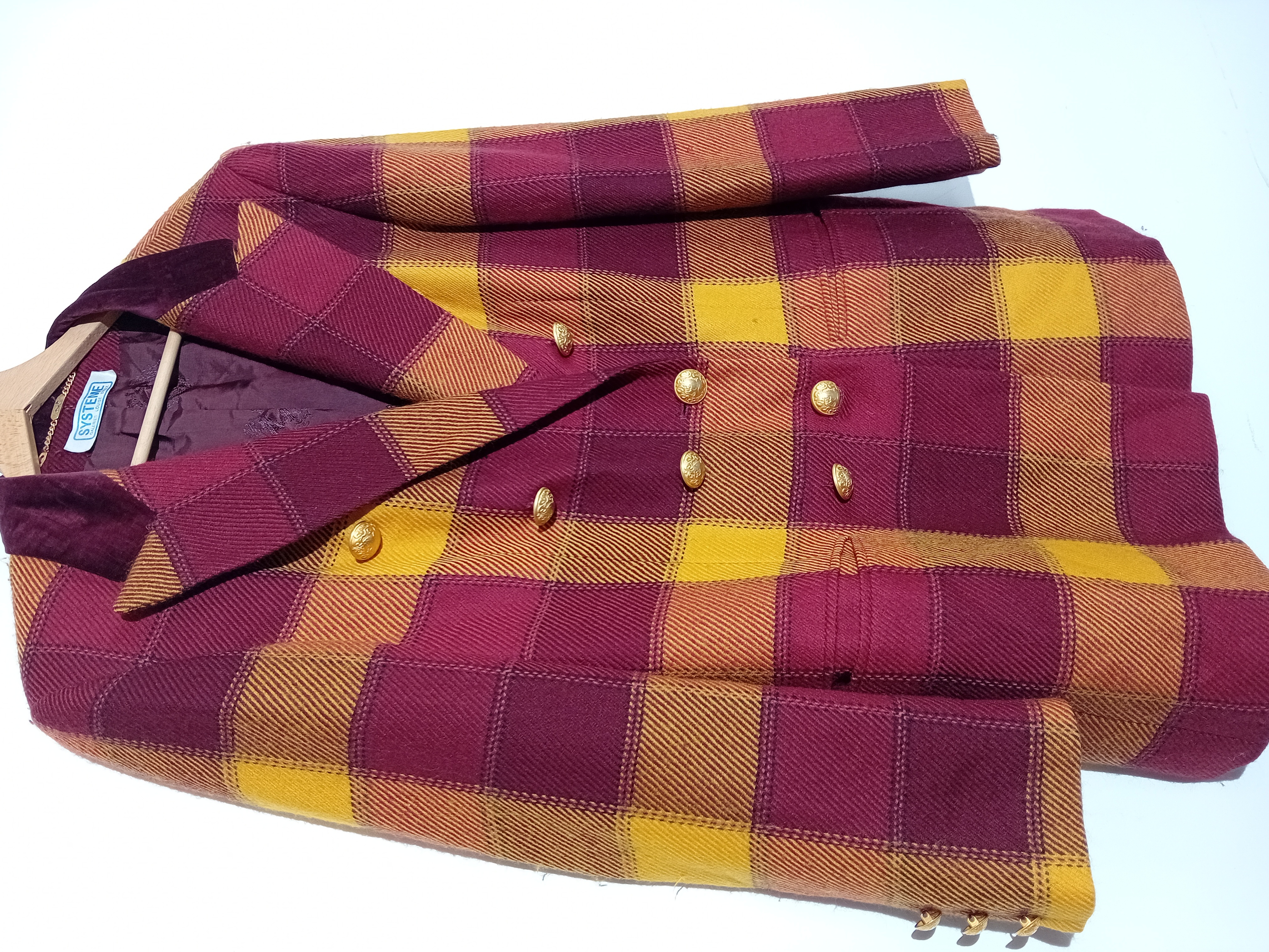 Veste vintage en laine à carreaux bordeaux et jaune