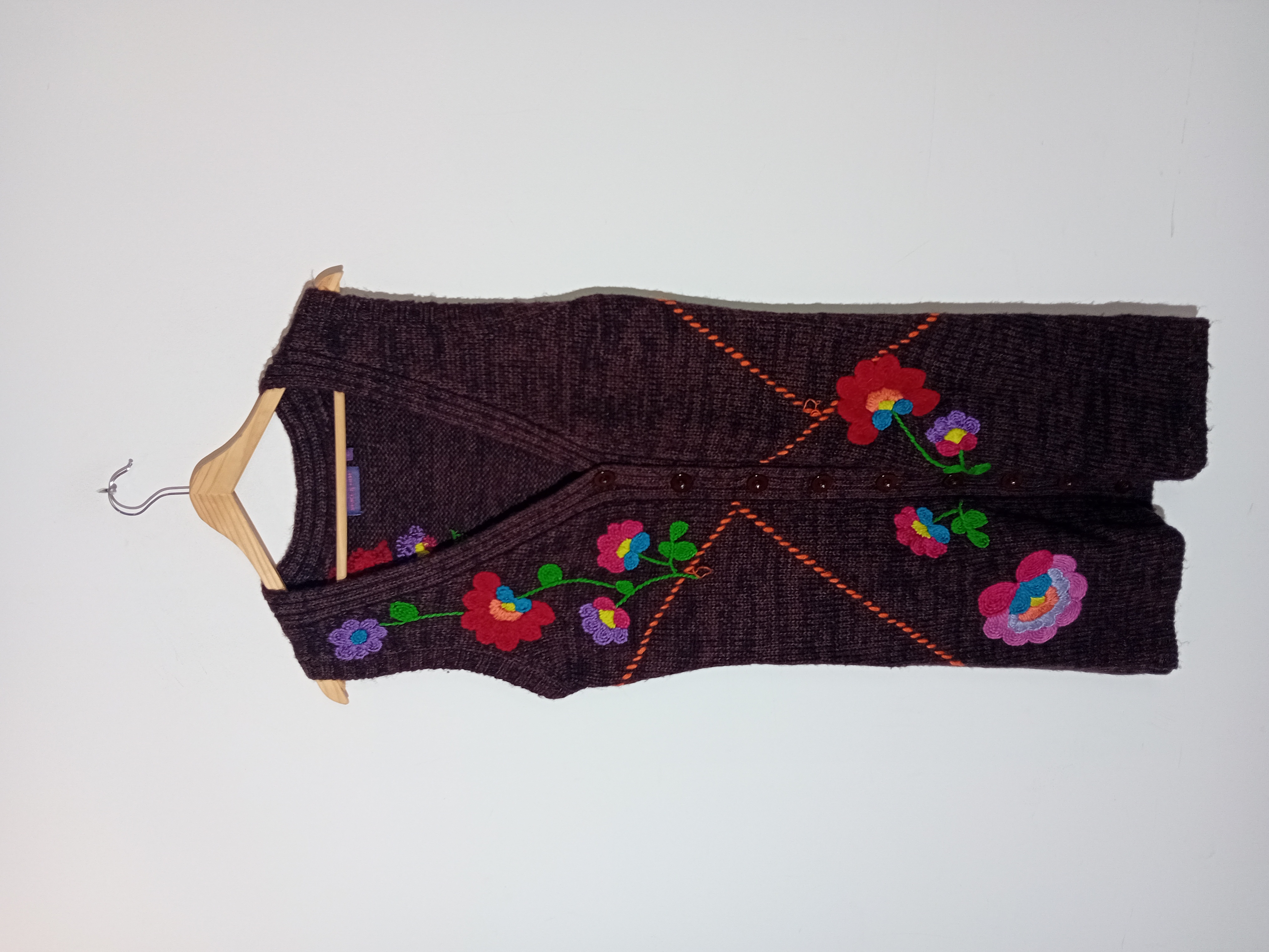 Gilet Sans Manches Brodé Floral Marron