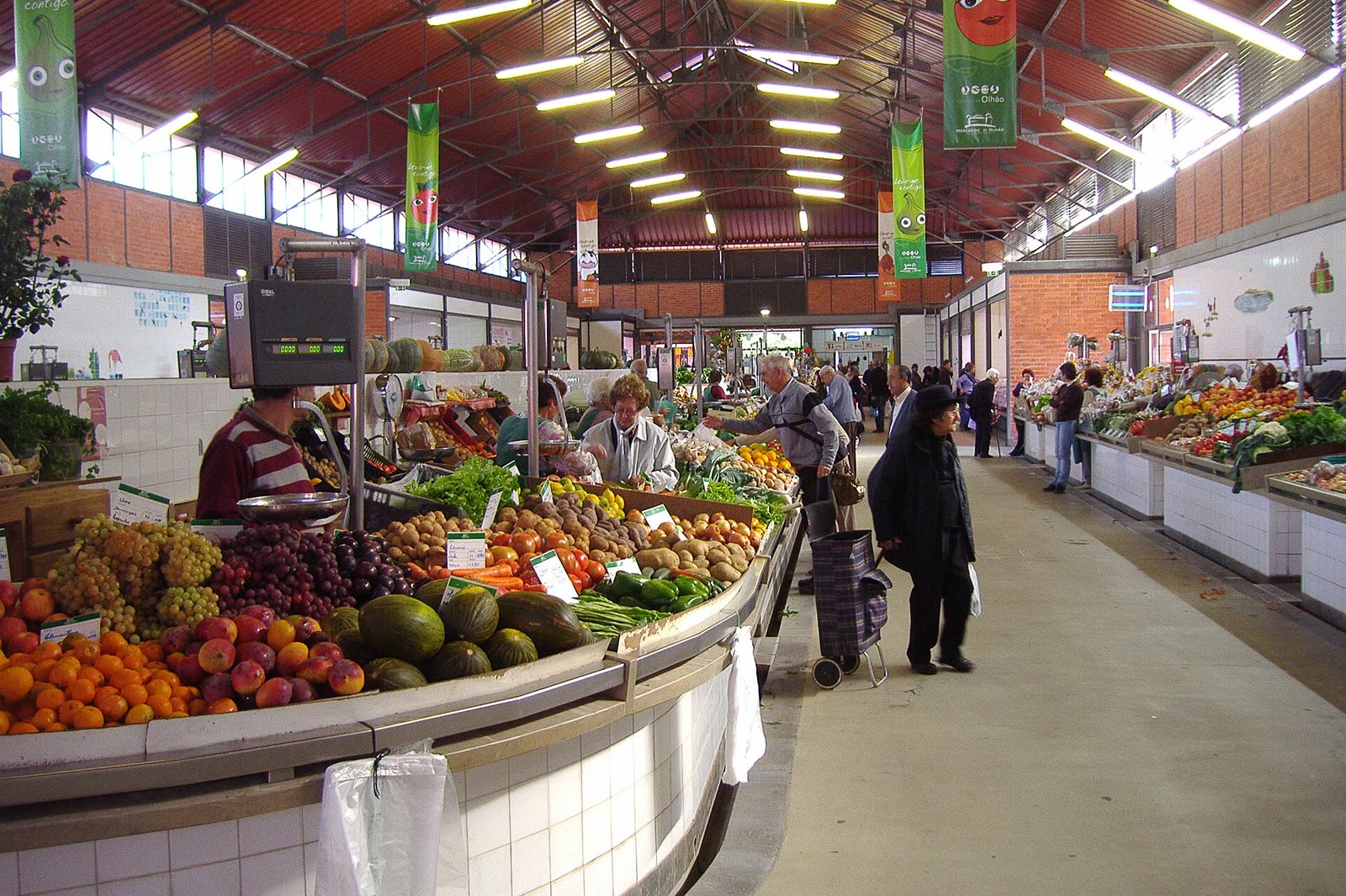 A fruit and vegetable stall in a Portuguese market